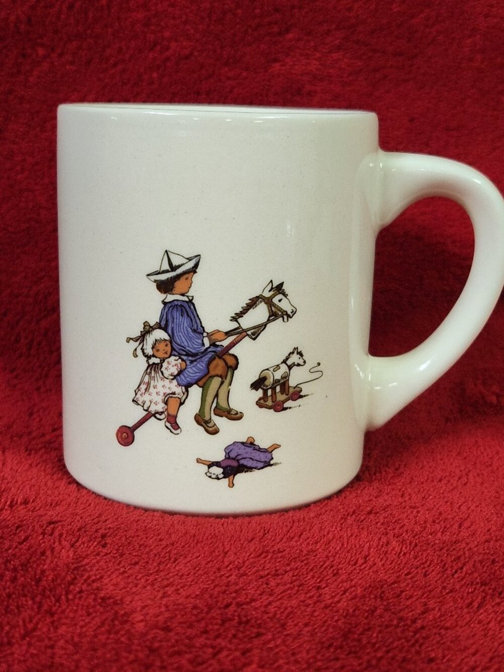 VINTAGE SHEFFIELD POTTERY Coffee Mug -  Boy Playing Stick Pony Toys